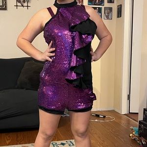 Purple biketard with front ruffle dance costume